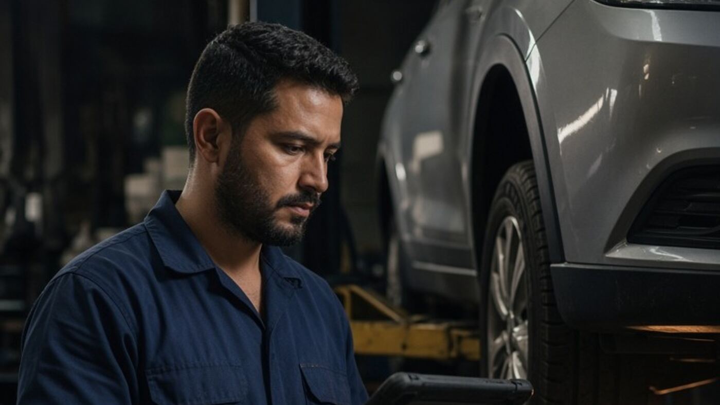 Technician reviewing a tablet under a silver vehicle